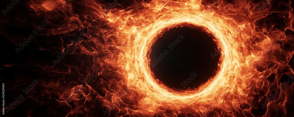 Poster a fiery vortex of flames surrounding a dark void, creating a dramatic contrast between light and sha