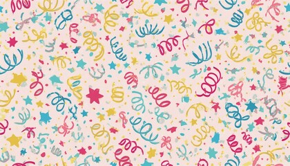 Fototapeta premium Birthday confetti seamless pattern background. Birthday decoration confetti, ribbon element, cute seamless pattern. Fun childish color abstract decoration element background. Vector illustration.