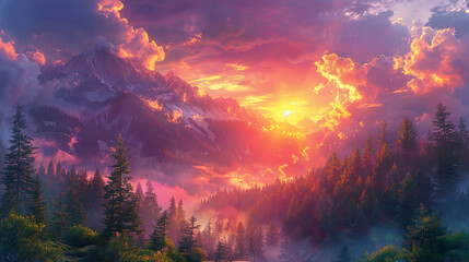 Sunset Serenity: Golden Light Over Forest and Mountain