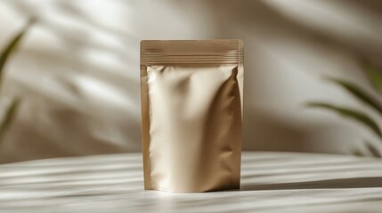 Matte brown stand-up pouch on table with shadows and plants in background