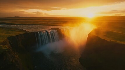 Sunset Waterfall Iceland Aerial Landscape