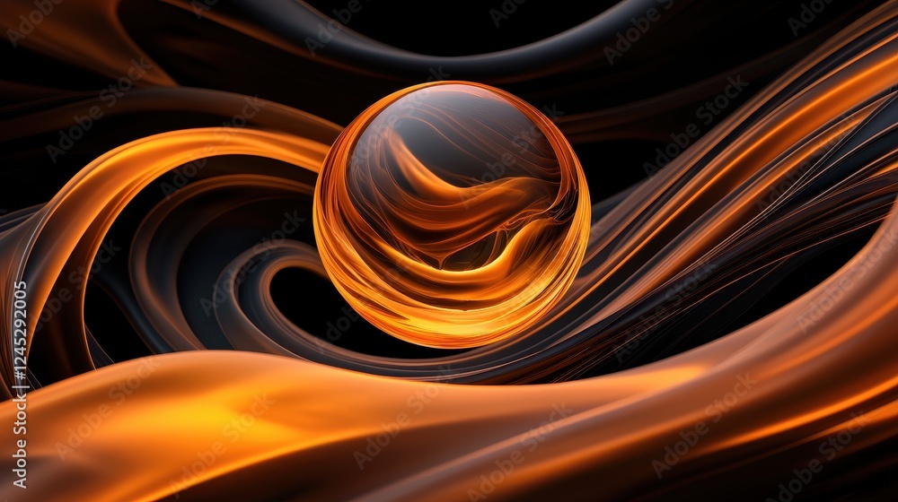 Poster a glowing orange sphere floats amidst swirling black and orange waves, creating a dynamic and visual