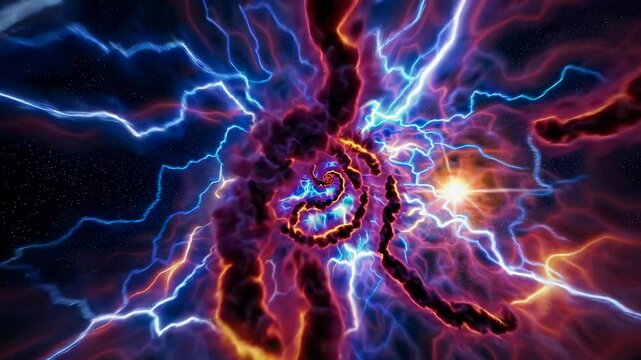 A stunning cosmic explosion of electric blue and purple energy swirling through space. Concept of power, motion, and intergalactic phenomena
