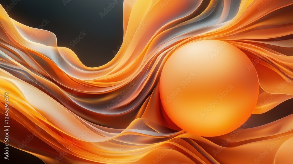 Poster a vibrant abstract design featuring flowing orange and gray waves with a prominent spherical shape, 