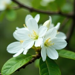 Fototapeta premium Delicate white rhododendron flowers blooming on a tree branch, greenery, delicate petals, white flower