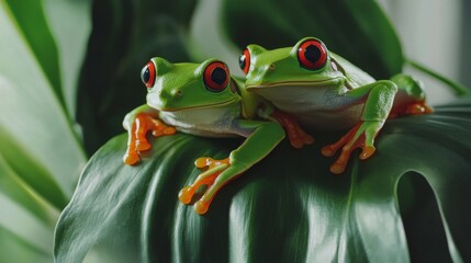 Fototapeta premium 33.Close-up of a pair of red-eyed tree frogs sitting together on a large tropical leaf, their vivid green bodies contrasting with the deep green foliage.