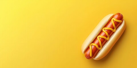 A delicious hot dog topped with mustard on a vibrant yellow background, perfect for food-related projects or promotions.