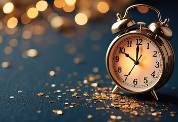 Golden Coins and Festive Lights: A Bokeh Shot of an Alarm Clock on a Blue Table for New Year's Eve