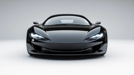 Black sports car, front view, studio shot, gray background, automotive advertisement