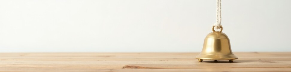 Golden bell hung from a white string on a wooden table, white background, Golden bell