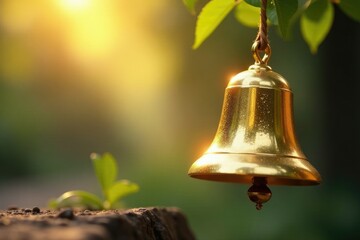 Golden bell with subtle reflections and light rays passing through it, soft, shine, gentle