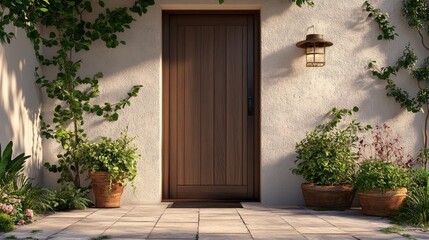 Fototapeta premium Rustic wooden door with potted plants and lantern on sunny patio