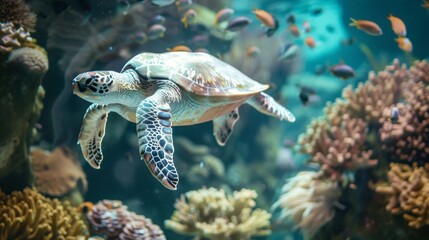 Obraz premium Graceful Encounter: Majestic Sea Turtle Gliding through the Ocean Depths with Poise and Elegance Amidst Underwater Beauty and Tranquility