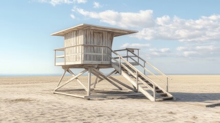 A lifeguard tower on a sandy beach under a clear sky.