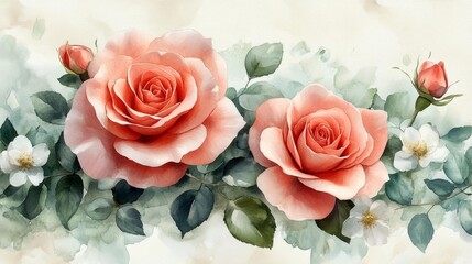 Elegant Peach Roses in Watercolor Art. Generative AI