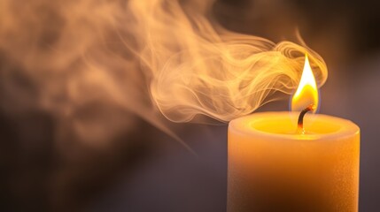 Burning candle with smoke, close-up, dark background, remembrance