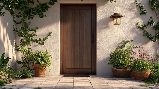 Rustic wooden door with potted plants and lantern on sunny patio