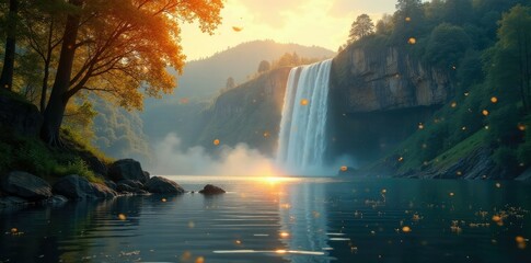 Golden dust falling from the sky above a serene waterfall lake, peaceful atmosphere, serene lake, atmospheric scene