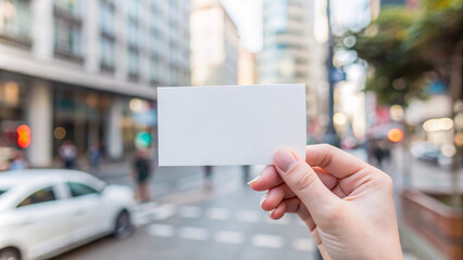 Hand Holding Blank Business Card Mockup with Urban Background