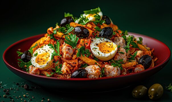 Bacalhau Brs dish with salted cod, eggs, and fries on red plate