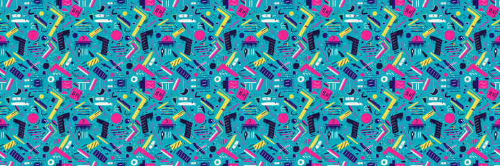 Seamless pattern with geometric shapes in the style. Multicolored vintage background with triangles, circles and squares for textile, fabric and Sudanese fabric art.