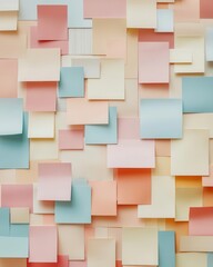 Bulletin Board Covered in Colorful Post-it Notes Representing Creative Business Ideas and Task Management, Flat Lay Composition
