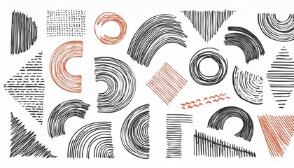 Brush line shape background abstract texture paint set. Hand drawn sketch doodle scribble brush geometric shape crayon effect background. Abstract arrow, circle, zigzag vector illustration.