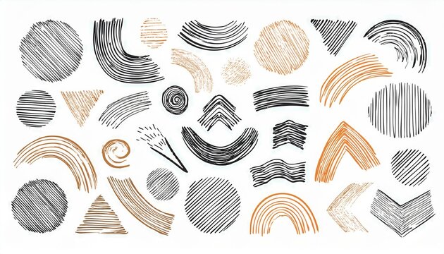 Brush line shape background abstract texture paint set. Hand drawn sketch doodle scribble brush geometric shape crayon effect background. Abstract arrow, circle, zigzag vector illustration.