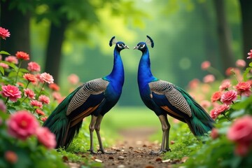 Peacocks in a symmetrical row amidst lush flowers and foliage, balance, flowers, wildlife