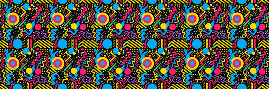 Seamless pattern with geometric shapes in the style. Multicolored vintage background with triangles, circles and squares for textile, fabric and Sudanese fabric art.