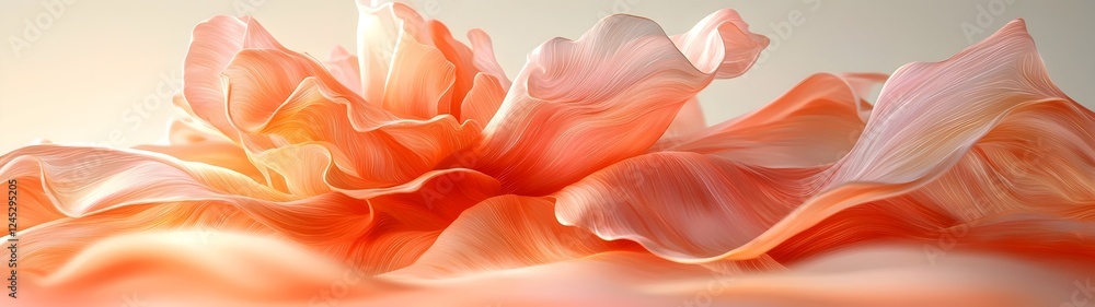 Poster a close-up view of a delicate peach-colored flower with smooth, flowing petals, creating a soft and 