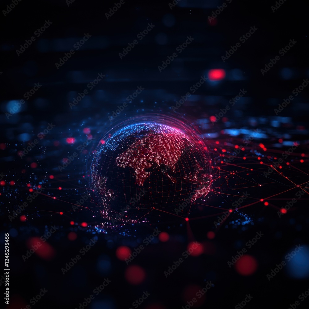 Poster a futuristic digital globe illuminated by neon lights, showcasing interconnected data and networks i