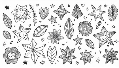 Cute line sketch star, arrow, heart decoration element icon set. Hand drawn sketch doodle cute star, emphasis, flower element. Pen line text decoration shape icon. Hand drawn vector illustration.