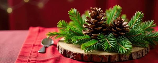 Pinecone and fir centerpiece on a red tablecloth, decorations, wooden, garland