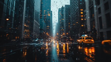 82.Overhead view of a rain-soaked city at night, with shimmering reflections on wet streets and skyscrapers towering into the misty atmosphere.