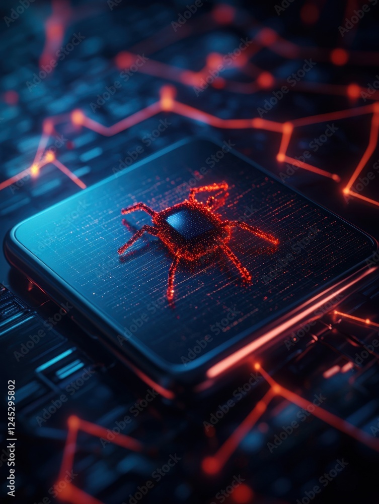 Poster a futuristic representation of a computer chip infected by a digital virus, showcasing cybersecurity