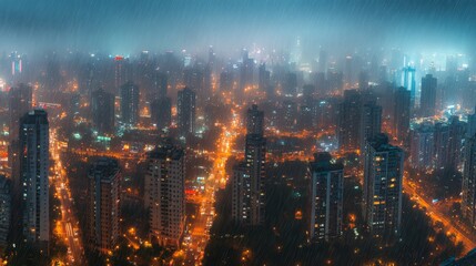 Fototapeta premium 80.High-angle view of a sprawling cityscape at night, glimmering streetlights distorted by falling rain, with faint fog softening the edges of the skyscrapers.