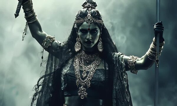 Powerful goddess, weapons raised, smoky background, film poster