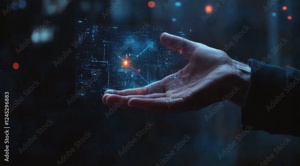 Aufkleber data in the palm of your hand: a single hand cradles a glowing orb of digital data, swirling with in