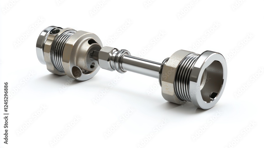 Poster a metallic component featuring threaded ends, likely for mechanical or plumbing applications.