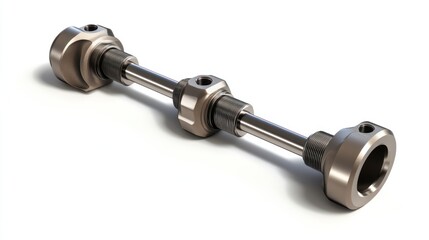 A metallic camshaft, used in engine mechanics for controlling valve timing.