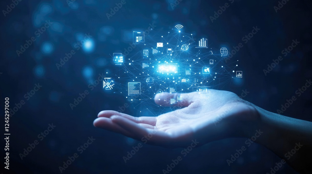 Poster digital world in hand: a hand gently cradles a luminous cluster of digital icons, symbolizing the po