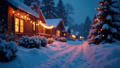 Snowy landscape aglow with twinkling string lights, night, lights, festive