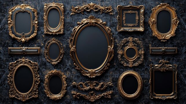 Luxurious Display of Golden Ornate Frames on Dark Textured Wall. Generative AI