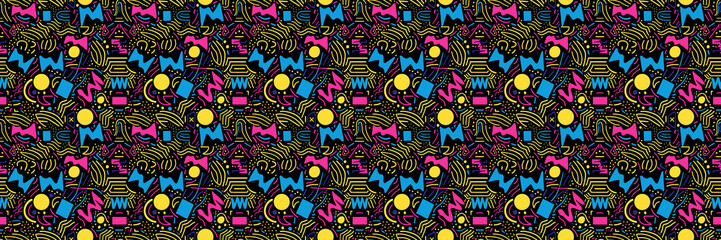 Naklejka premium Seamless pattern with geometric shapes in the style. Multicolored vintage background with triangles, circles and squares for textile, fabric and Sudanese fabric art.
