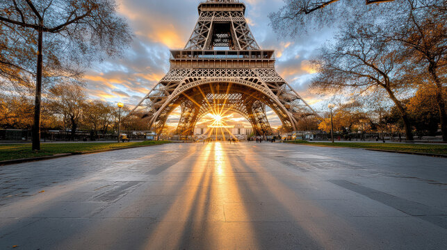 stunning sunrise casts golden rays through Eiffel Tower, illuminating path