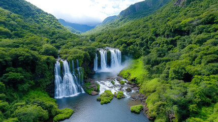 Fototapeta premium breathtaking waterfall in lush green landscape surrounded by mountains