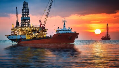 Obraz premium Cargo ship in port. Workers On Oil Rig and ship; refinery industry ecology concept