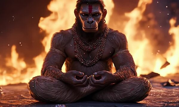 Powerful monkey god meditating amidst fire