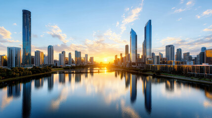 Fototapeta premium stunning city skyline reflecting on water at sunset, showcasing modern architecture